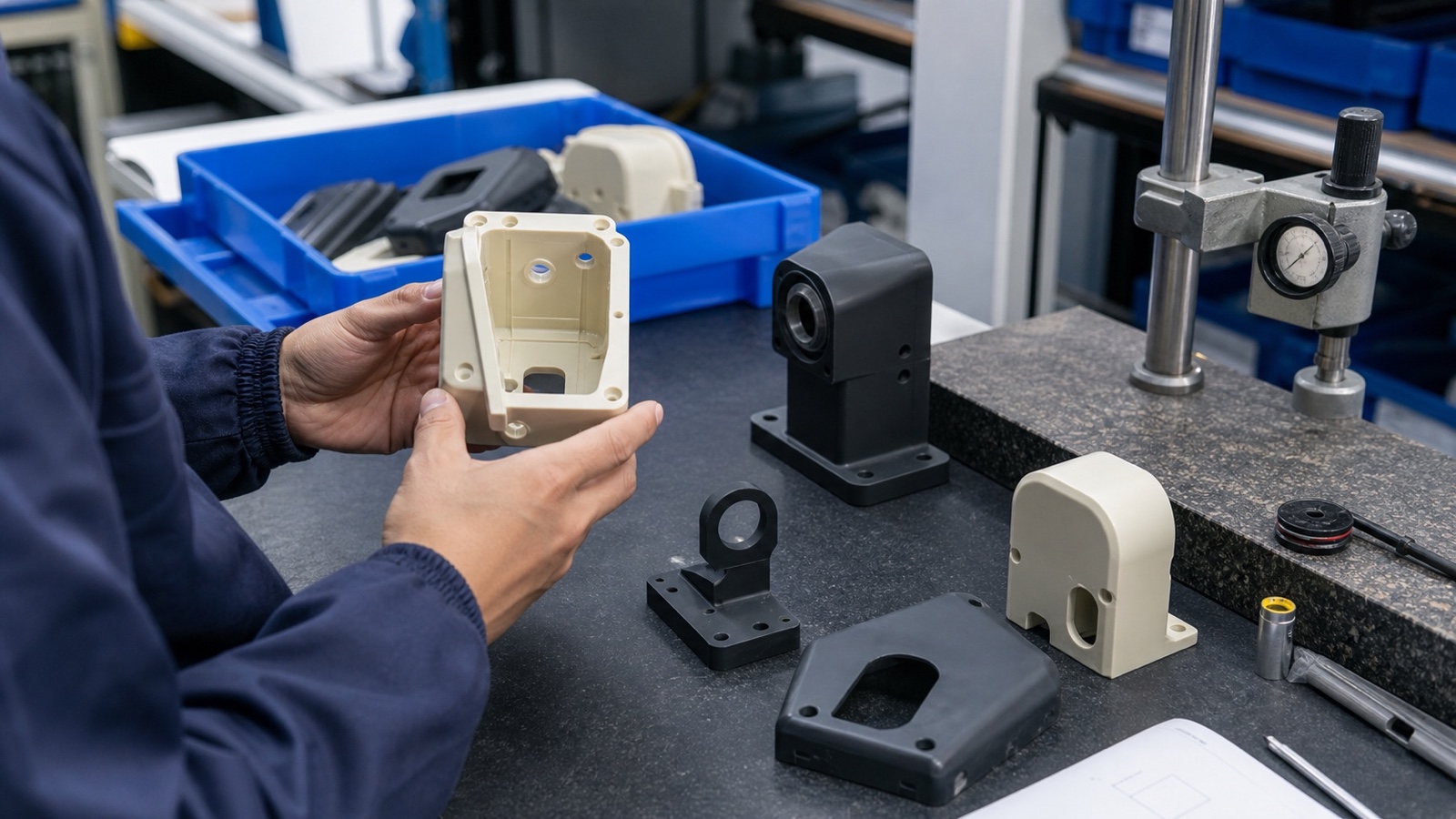 Engineering plastic component evaluated for outdoor UV and weather exposure