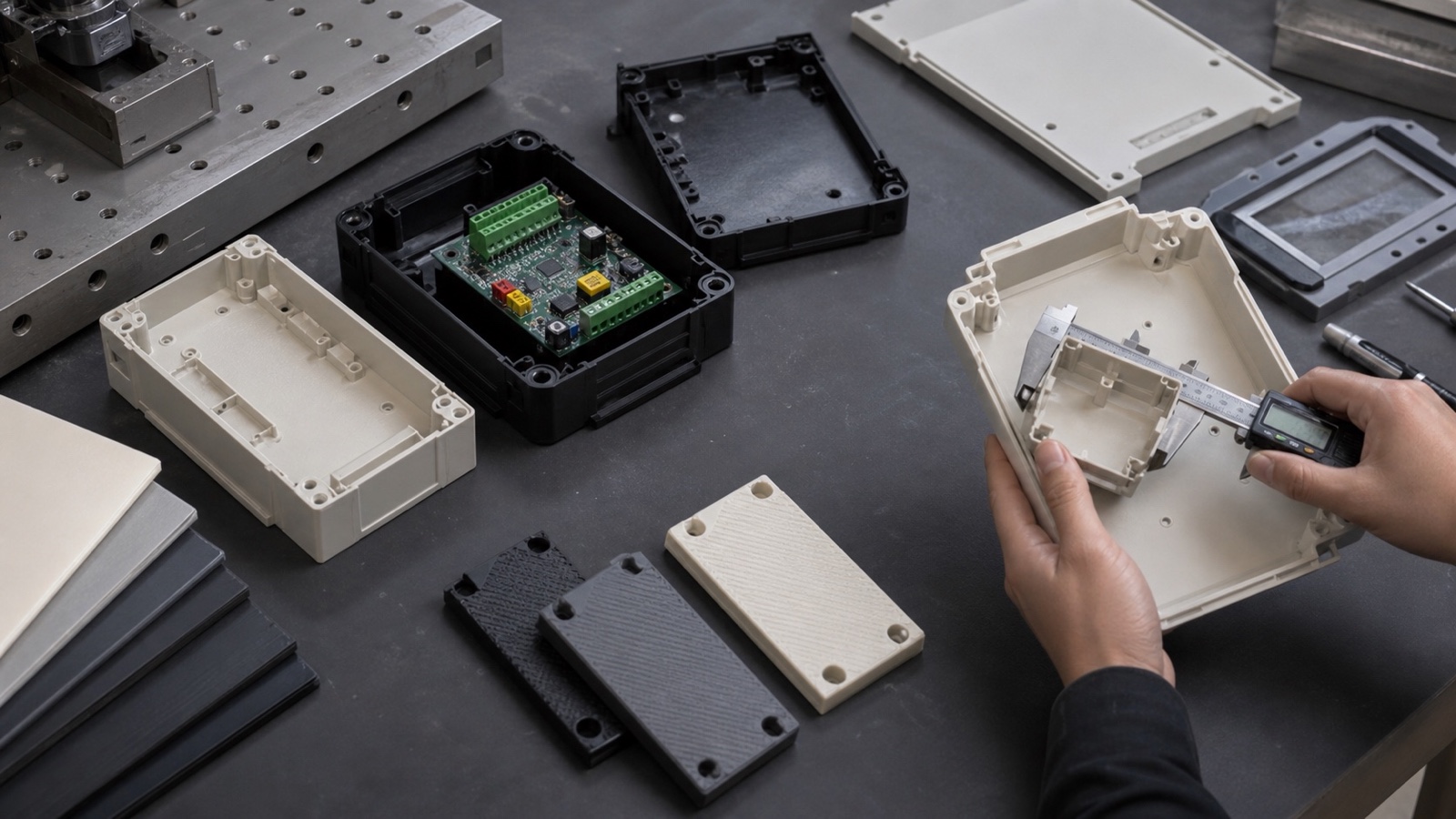 Precision CNC machined ABS and PC-ABS electronic enclosure components displaying internal ribs and mounting bosses