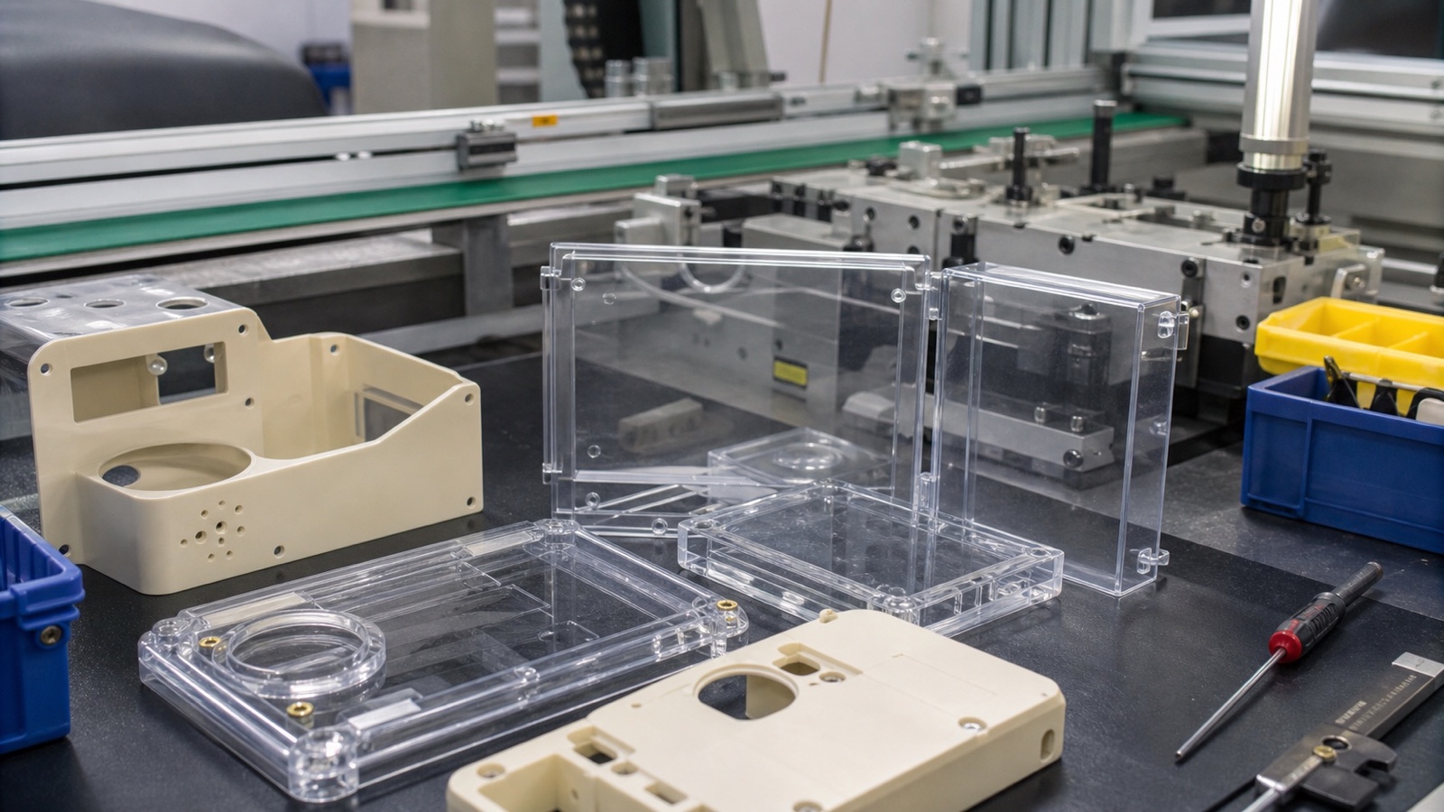 A side-by-side comparison of machined ABS and Polycarbonate components showing surface finish and clarity differences