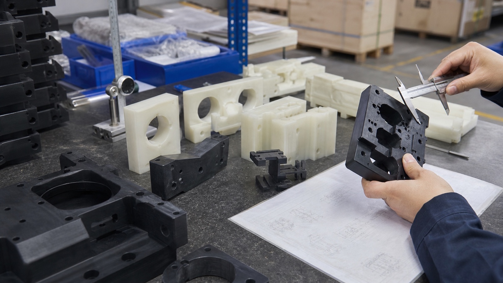 Composants en nylon renforcé usinés sur une surface de travail, présentant la finition sombre chargée de fibres caractéristique des plastiques d’ingénierie renforcés de fibres de verre et de fibres de carbone