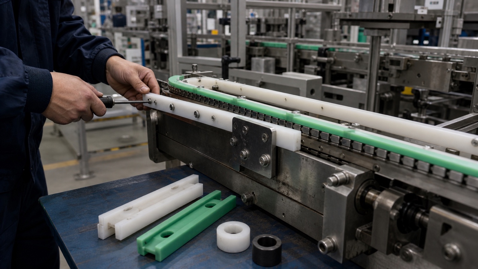 CNC-bearbeitete Verschleißkomponenten aus POM und HDPE nebeneinander auf einem technischen Prüfstand