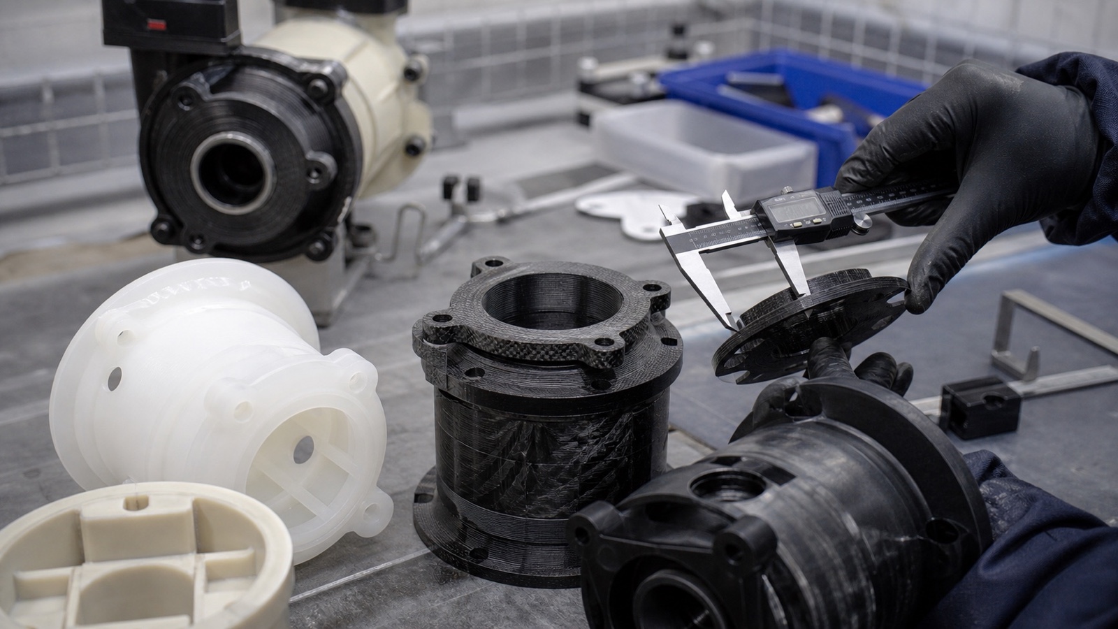 Gros plan sur un composant en plastique renforcé de fibres de carbone usiné CNC montrant la texture des fibres et les bords finis