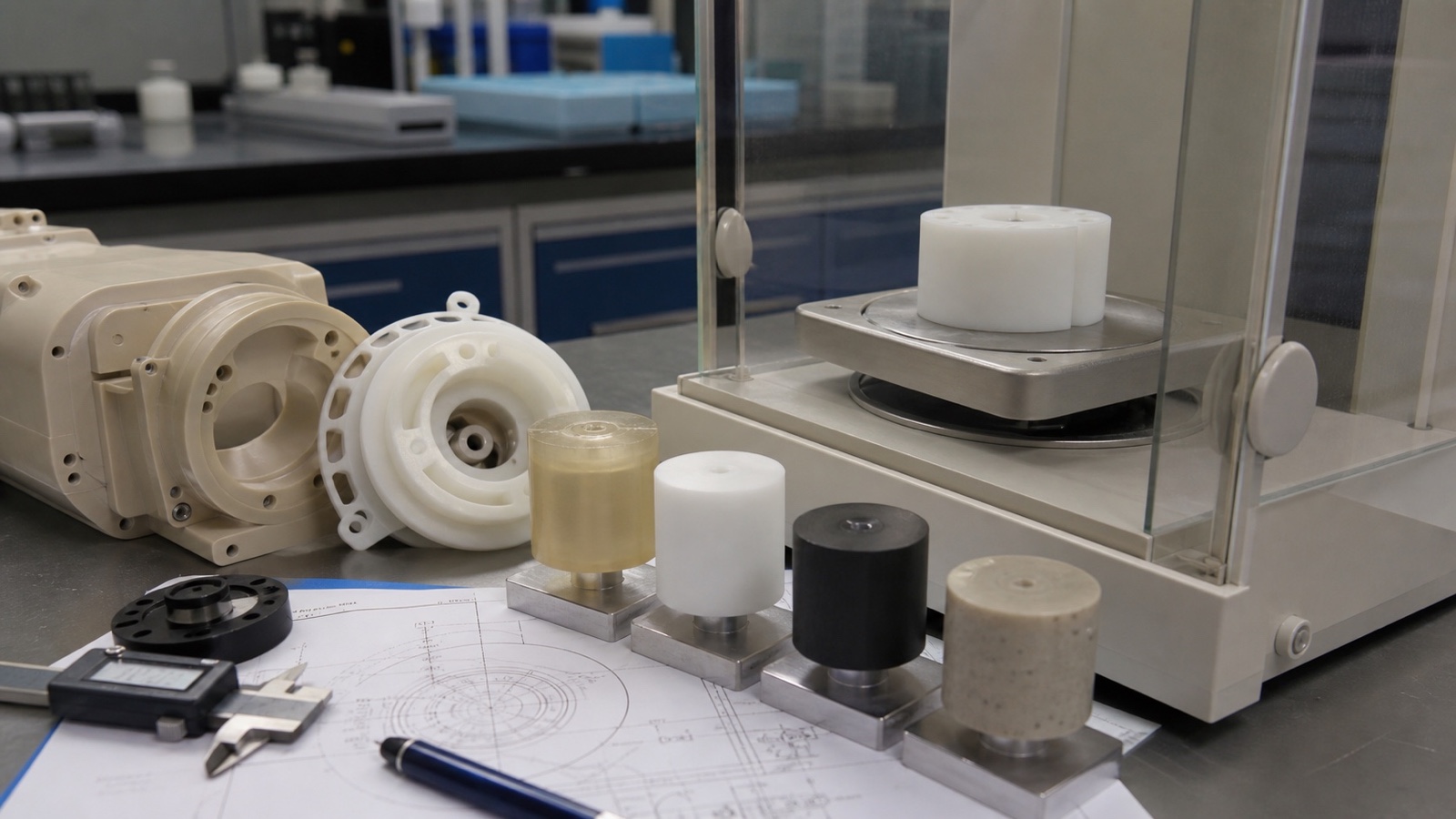 Componente tecnico in plastica lavorato a CNC, mostrato con la geometria solida per illustrare il corpo solido il cui volume di materiale viene utilizzato per stimare il peso