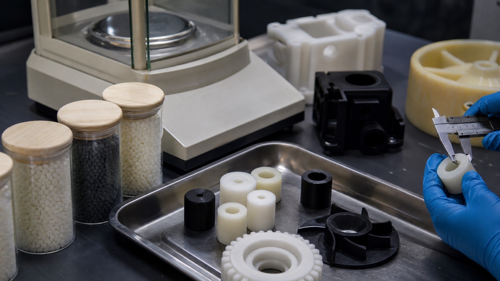 Composants en nylon usinés CNC dans les grades PA6, PA66, PA12 et nylon coulé, présentés sur une surface d’inspection en atelier