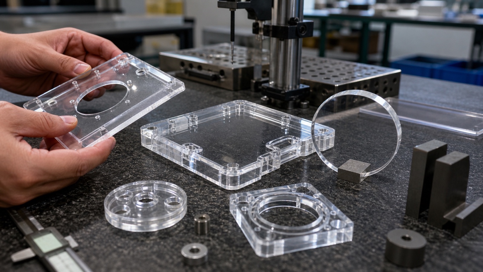 Comparison of clear acrylic and polycarbonate plastic sheets showing visible clarity differences