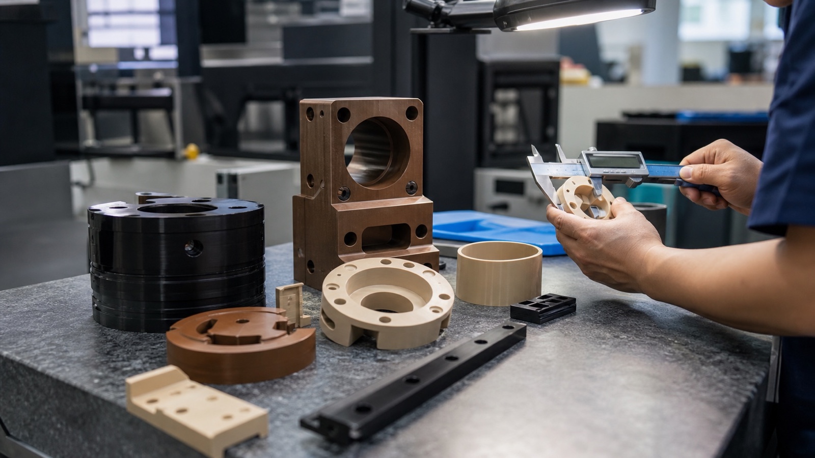 Precision CNC machined high performance plastic components comparing PEEK and PAI