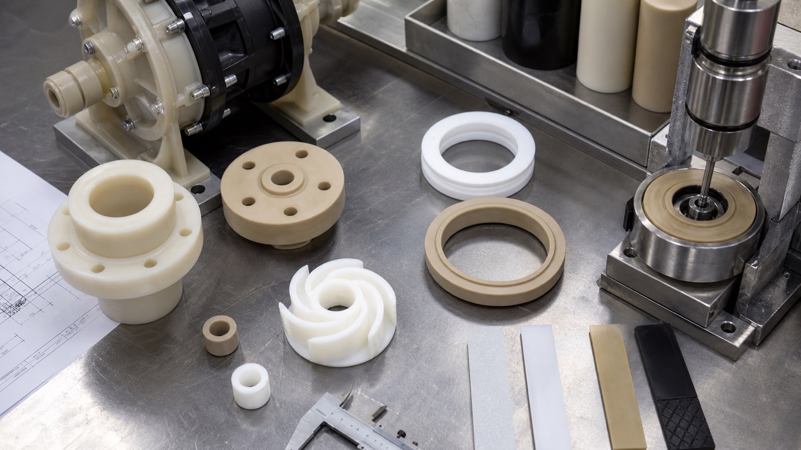Cross-section of a PEEK machined ring and a PTFE gasket side by side, illustrating material differences
