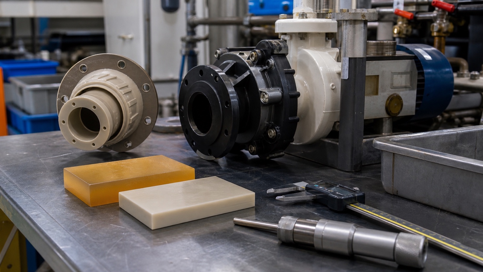 CNC-machined PEI and PEEK plastic parts compared side by side