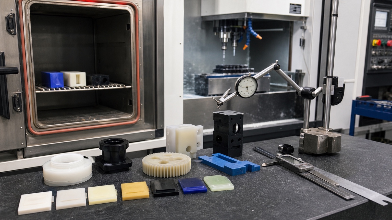 Illustration showing proper clamping and cooling for plastic CNC machining to manage heat and expansion