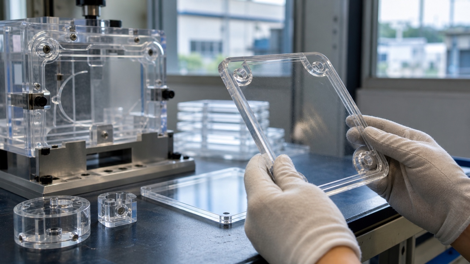 Precision CNC machining of transparent polymer components showing clean edge milling