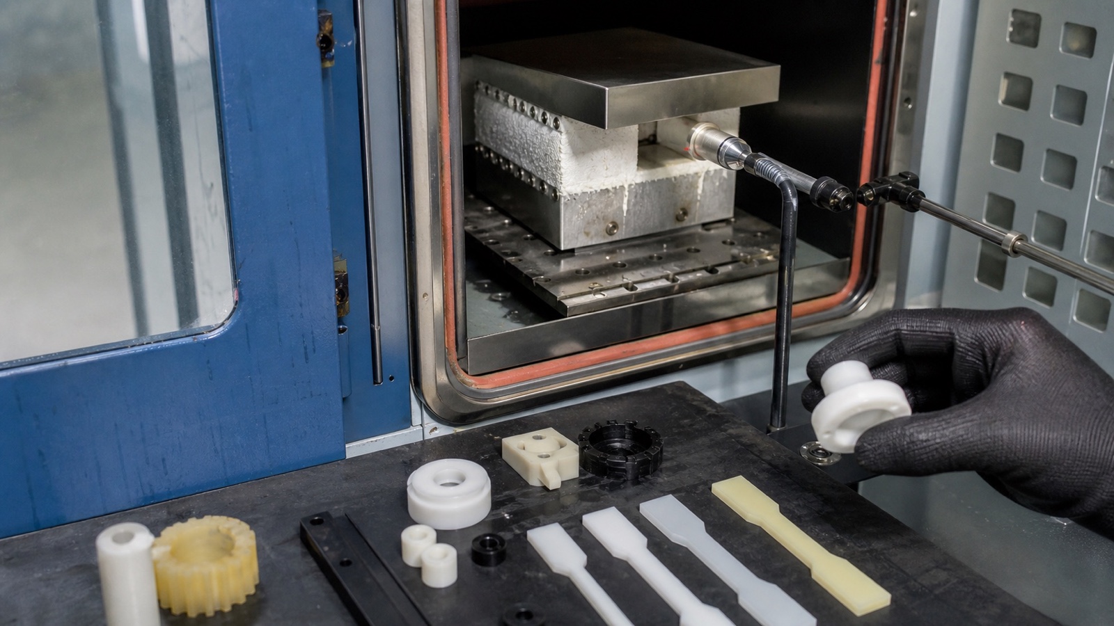 CNC machined POM components showing clean-cut acetal gears and bushings