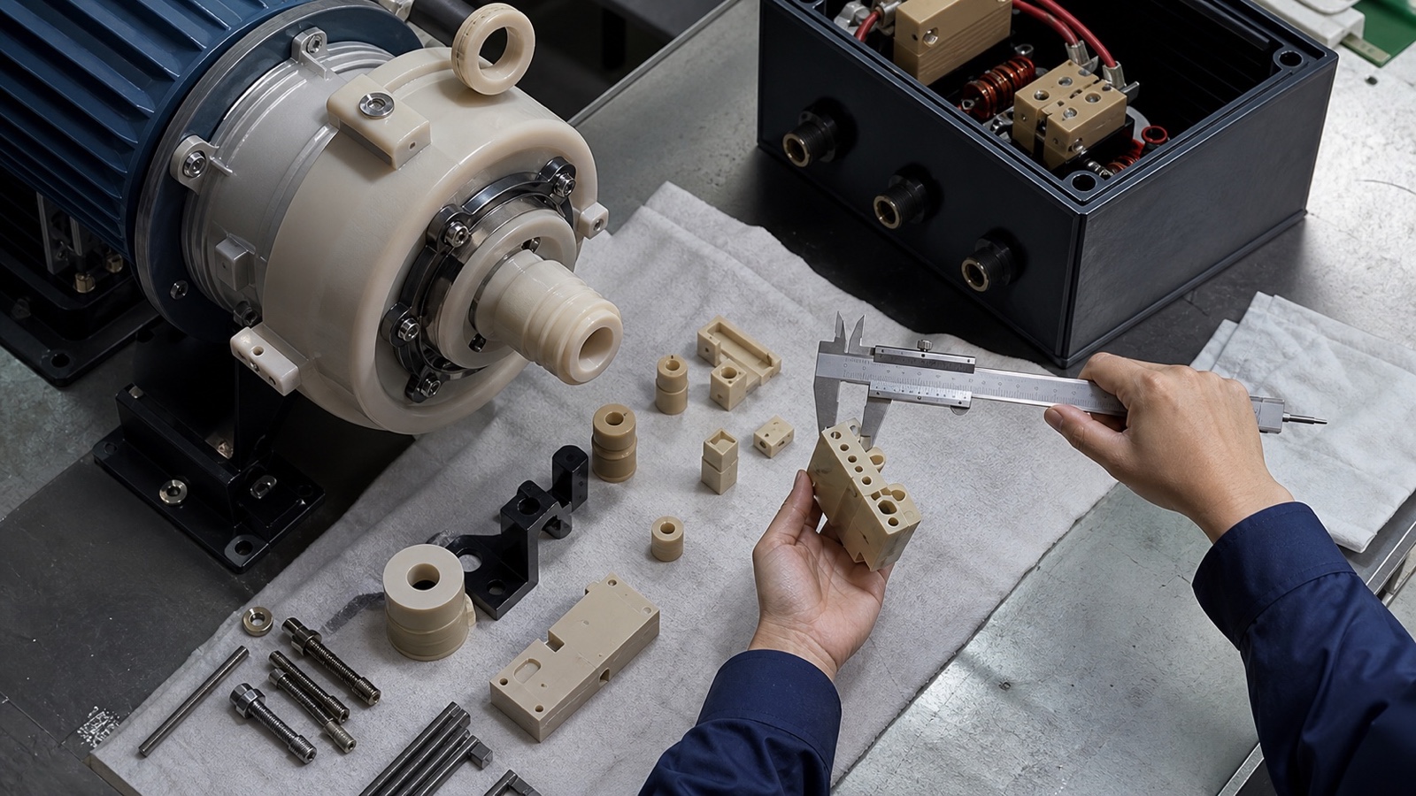 Präzisions-CNC-bearbeitete elektrische Isolierkomponenten aus PPS und PEI auf dem Prüfstand