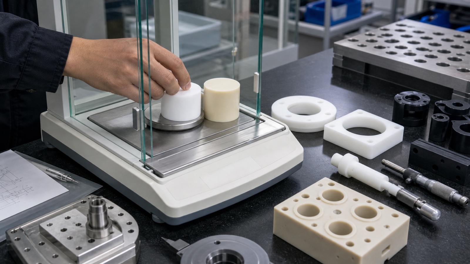 Precision CNC machined PTFE fluoropolymer components showing dense surface finish