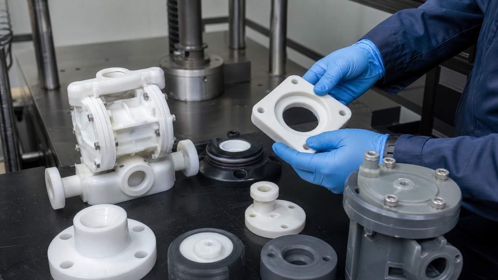 Fresatura CNC di precisione di un componente bianco in fluoropolimero con utensili affilati e lucidati e flusso di refrigerante