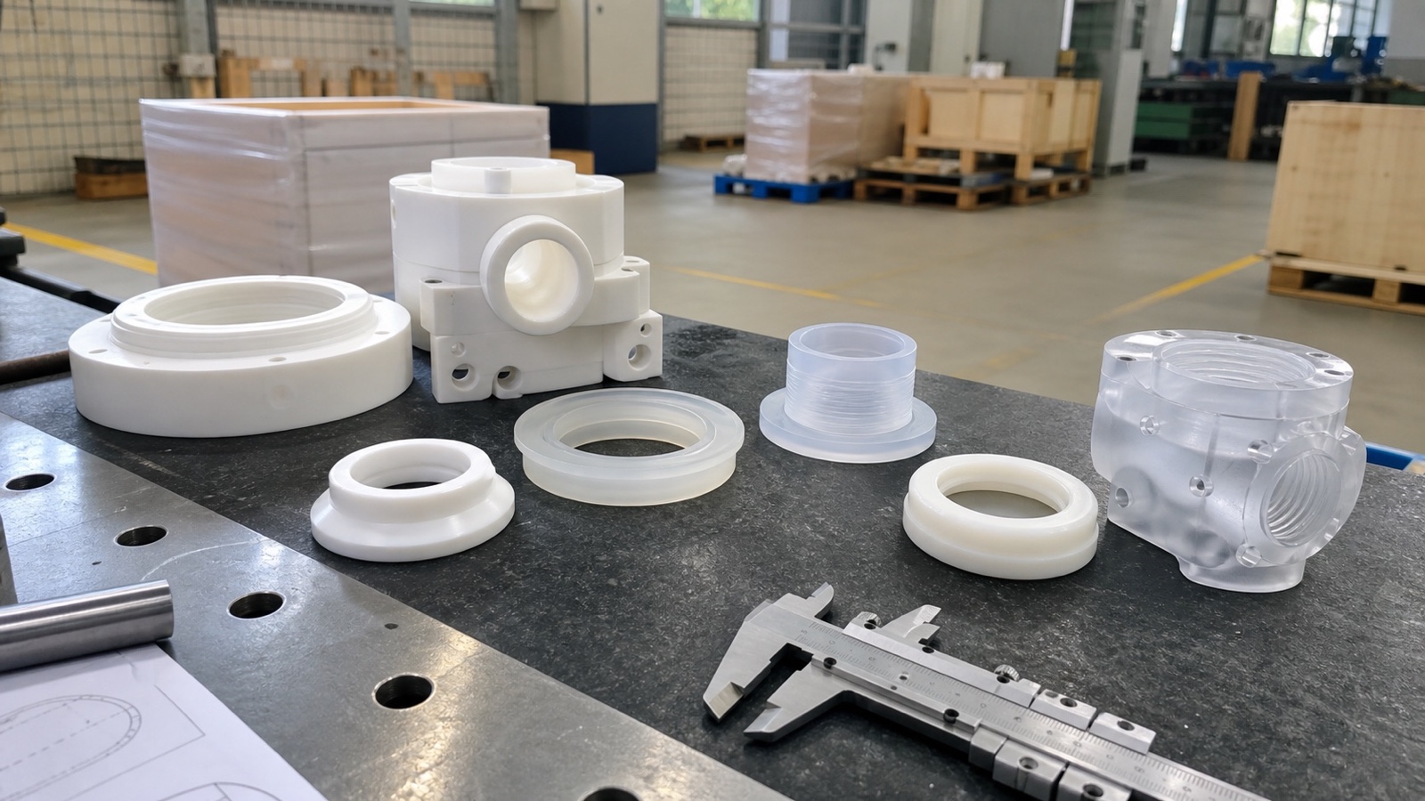 Close-up comparison of PTFE, PFA, and FEP machined fluoropolymer parts showing surface differences