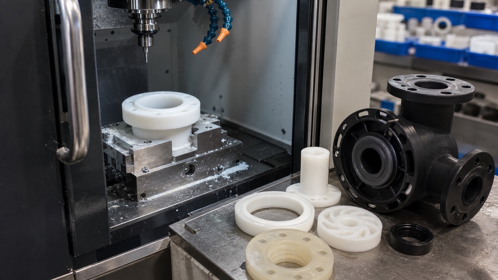 PVDF and PTFE machined parts side by side in a chemical plant environment