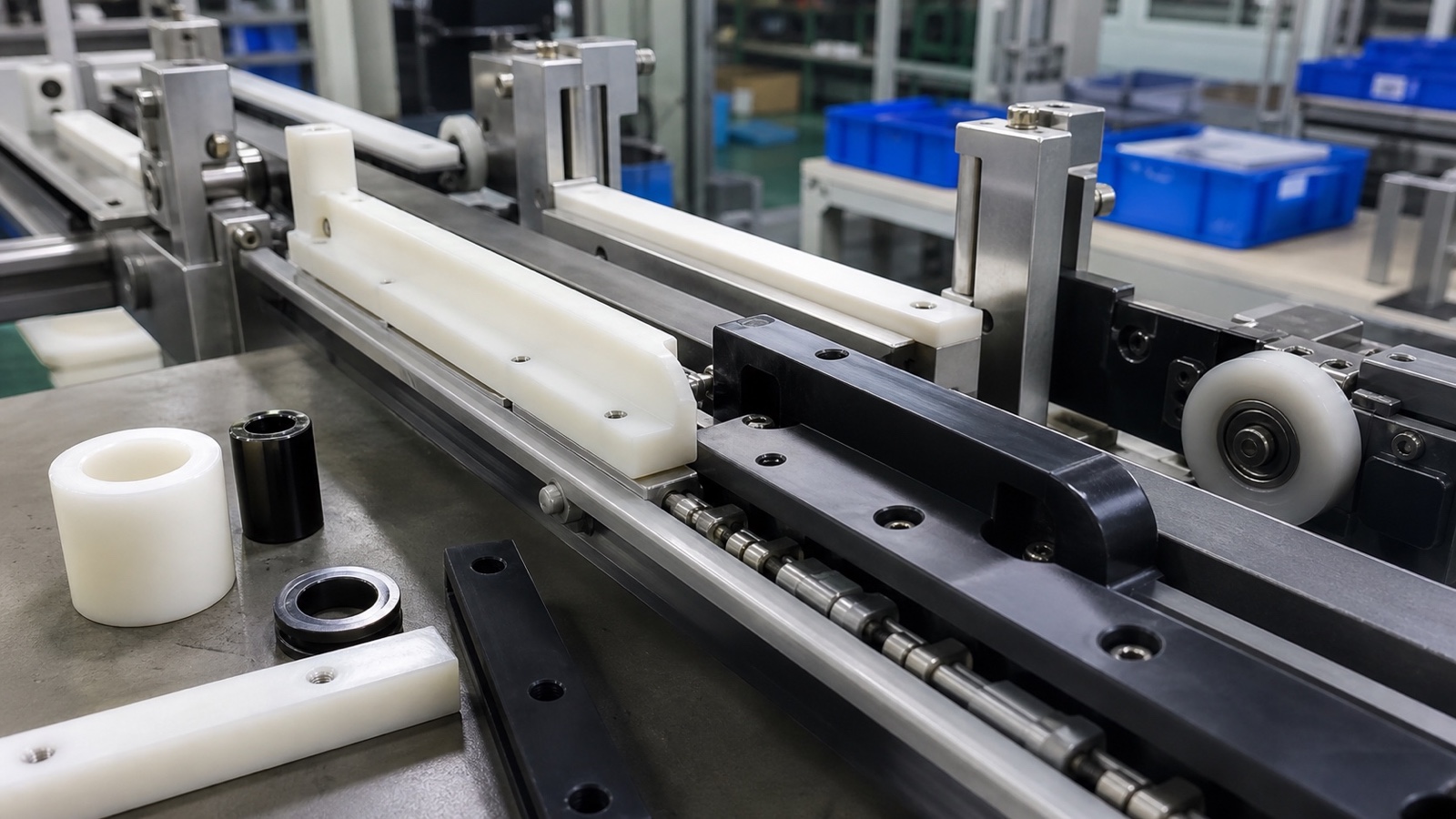 Close-up of machined UHMW-PE wear strips and HDPE panels side by side