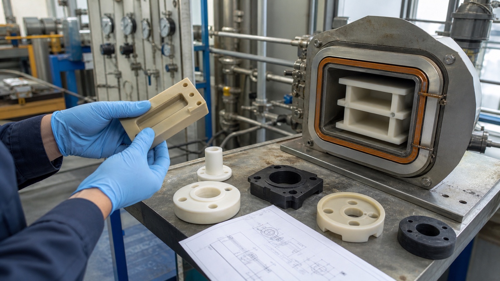 Componentes de plástico para alta temperatura mecanizados por CNC de precisión, como piezas de PEEK y polímeros de ingeniería tras el fresado