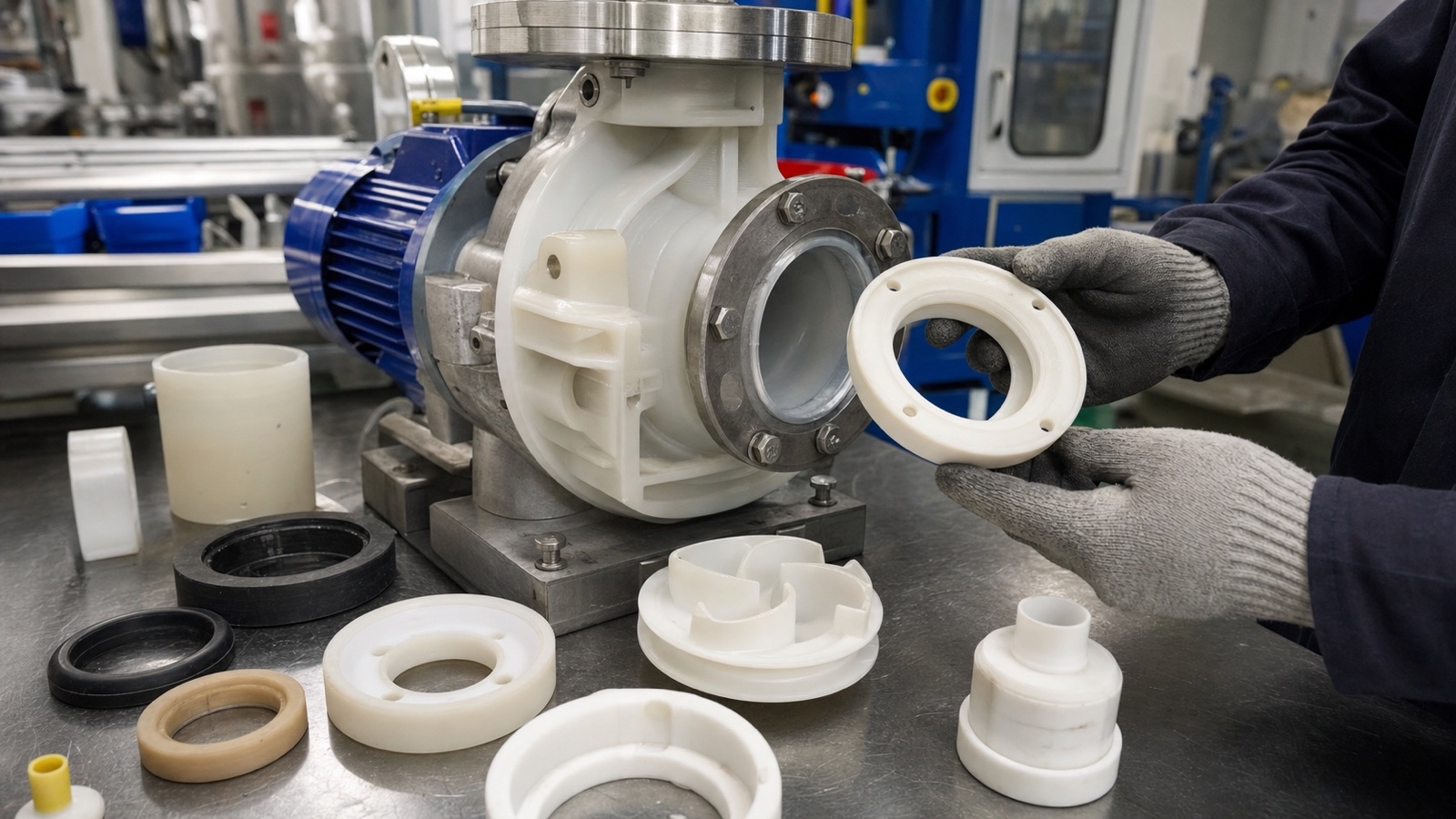 PTFE machined parts and raw sheet showing thermal properties
