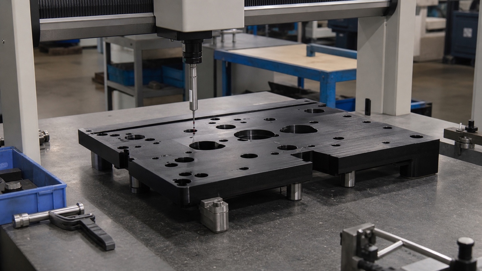 Componente plástico técnico de gran tamaño montado para fresado CNC, que muestra las consideraciones de sujeción y tamaño de material tratadas en esta guía