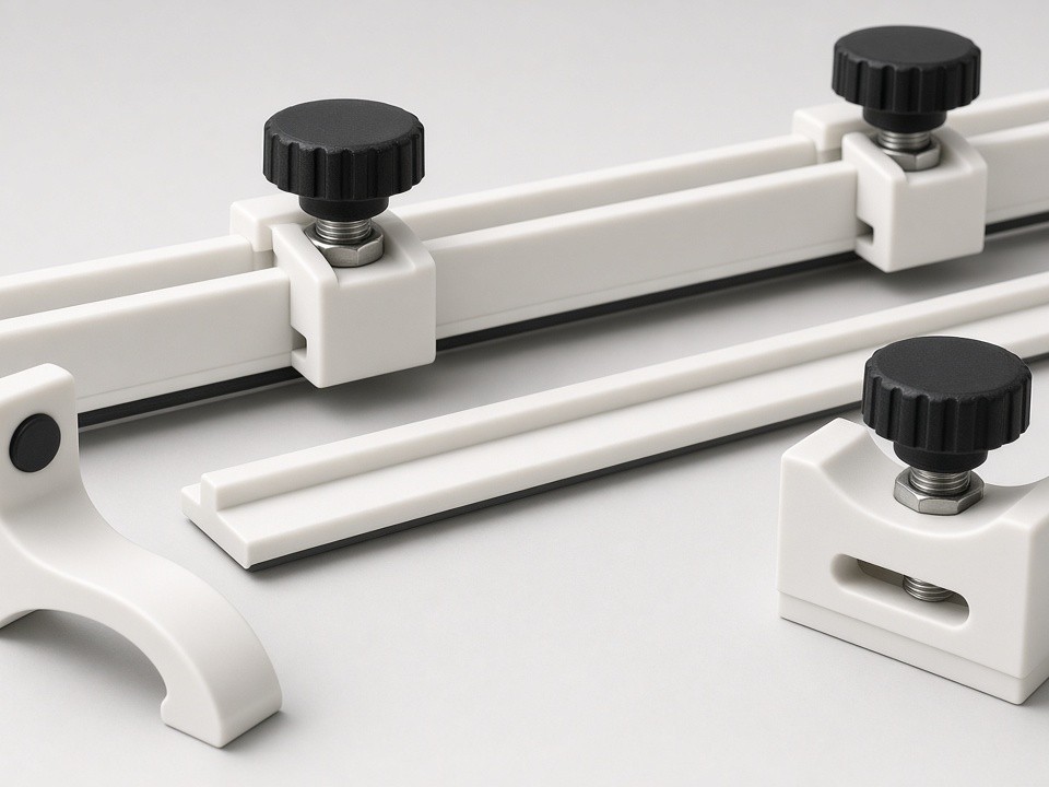 CNC machined plastic conveyor guide with radius curve and mounting holes