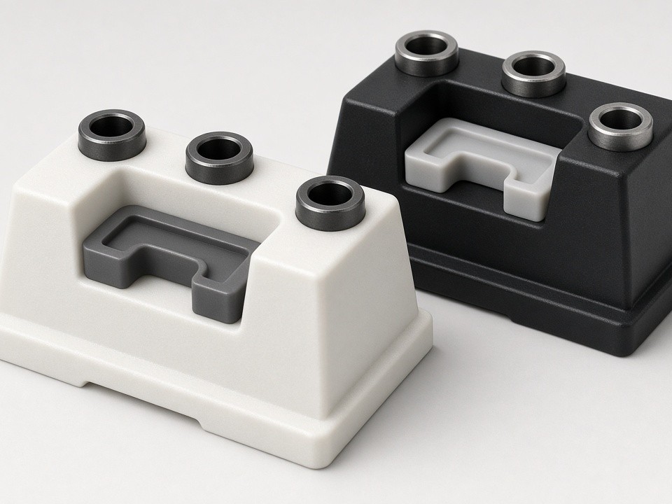 CNC machined plastic drill jig with pressed-in guide bushings