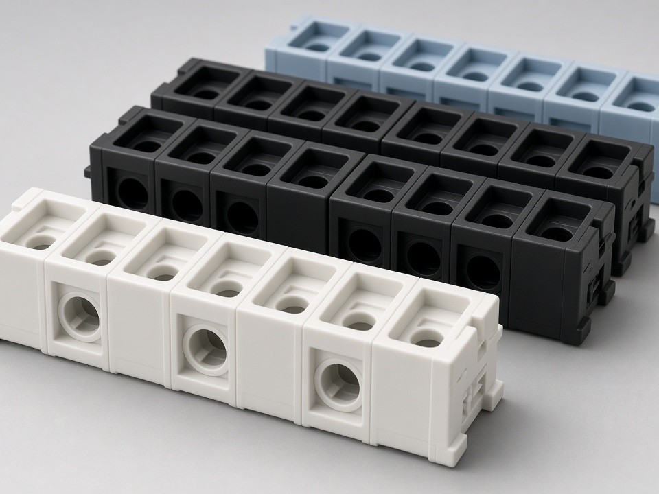 Bornier en plastique usiné CNC avec cavités de bornes multiples et oreilles de montage