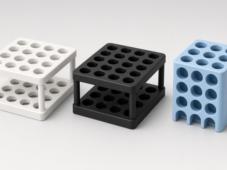 Machined plastic tube holders with multiple tube diameters and mounting holes